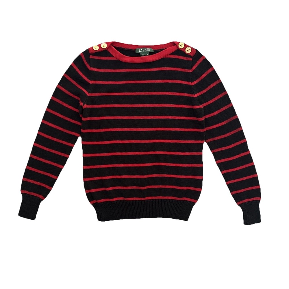 Lauren Ralph Lauren Black Red Striped Nautical Gold‎ Button Shoulder Sweater M